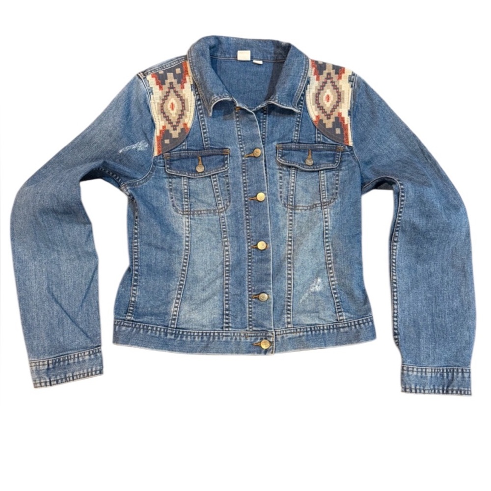Roxy Blue Denim Jean Jacket with Southwestern Shoulder Panels